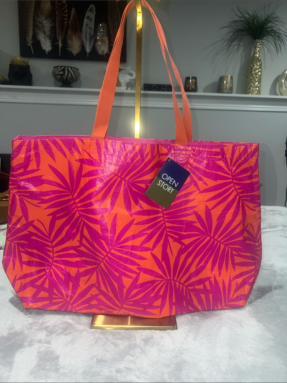 Open Story Water Resistant Reversible Tote Bag in the Pink/Coral Palm Leaves